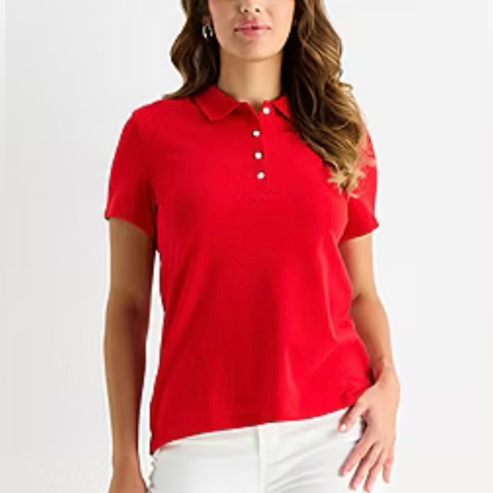 NWT St. John’s Bay Women’s Tall Short Sleeve Polo Classic Red❤️ Size Medium Tall